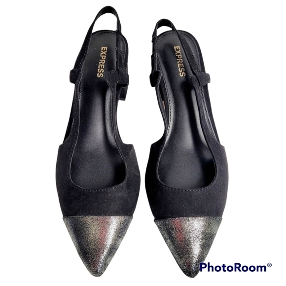 Express Black Silver Cap Pointed Toe Sling Back Block Heels Size 6 - Picture 1 of 8